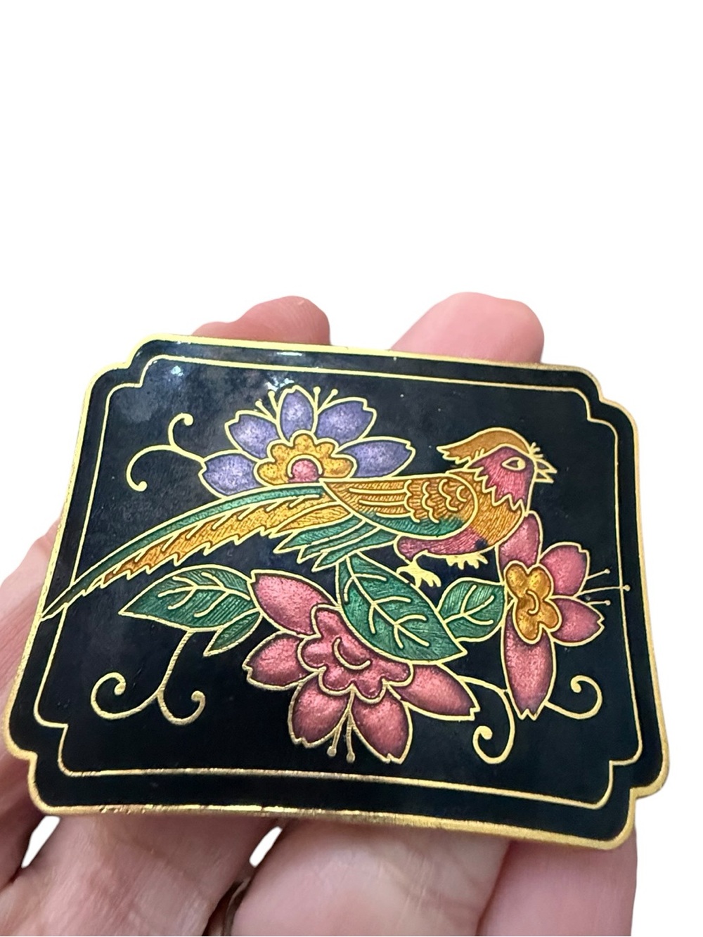 Vintage Cloisonne Enamel Bird Floral Belt Buckle Black Gold Tone Chinoiserie‎